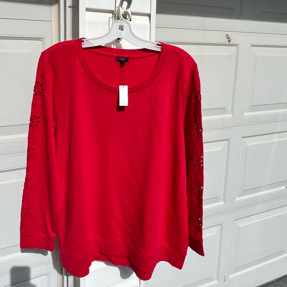 NWT Talbots Fun Red Floral Embroidered Eyelet Sleeves 100% Cotton Sweatshirt
